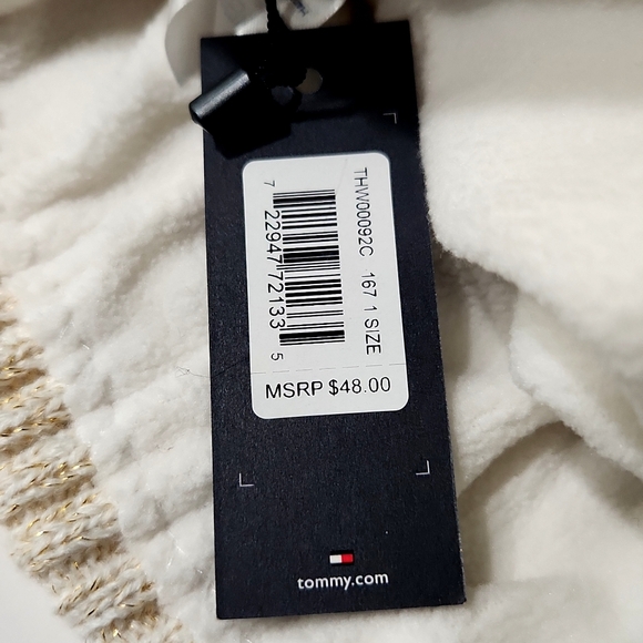 NWT Tommy Hilfiger Pom Pom Lined Beanie Cream Gold Metallic One Size Hat - Picture 6 of 10